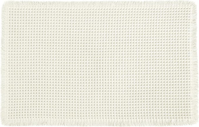 Hiasan Waffle Bath Mat, Super Absorbent Non Slip Bathroom Boho Rug with Tassels, Machine Washable Bath Mats for Bathroom, Ultra Soft Rubber Backed Rug, White, 16 x 24 Inches