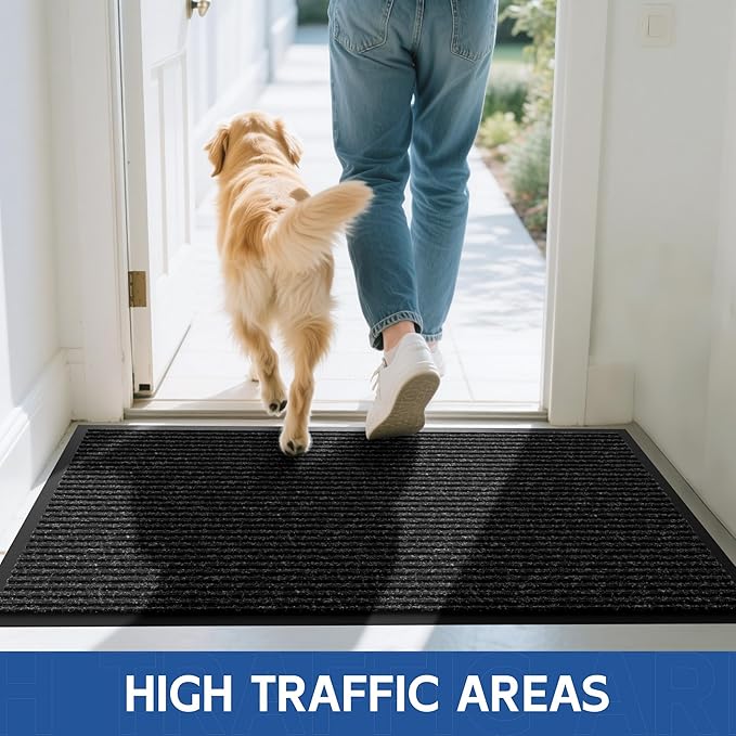 Front Door Mat, 4' x 3' Heavy Duty Indoor Outdoor Door Mat Entrance, Commercial Welcome Mats, Stain and Fade Resistant, Durable Rubber Backing, Low Profile Entry Mat for Patio, Black Stripe