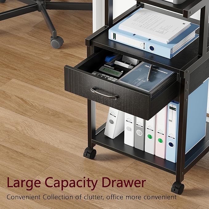 Printer Stand, 3-Tier Mobile Printer Cart, 31.5 x 14.96 x 17.72 Inches Square Printer Table with Storage Rack, Rolling Printer Table with Industrial Wheels for Home Office, Black