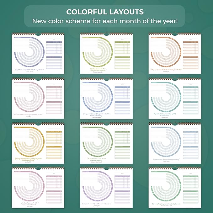Clever Fox Habit Calendar Circle – 24-Month Inspirational Daily Habit Tracker with Colorful Pages – Routine & Goal Planner Journal (Dark Green & Red)