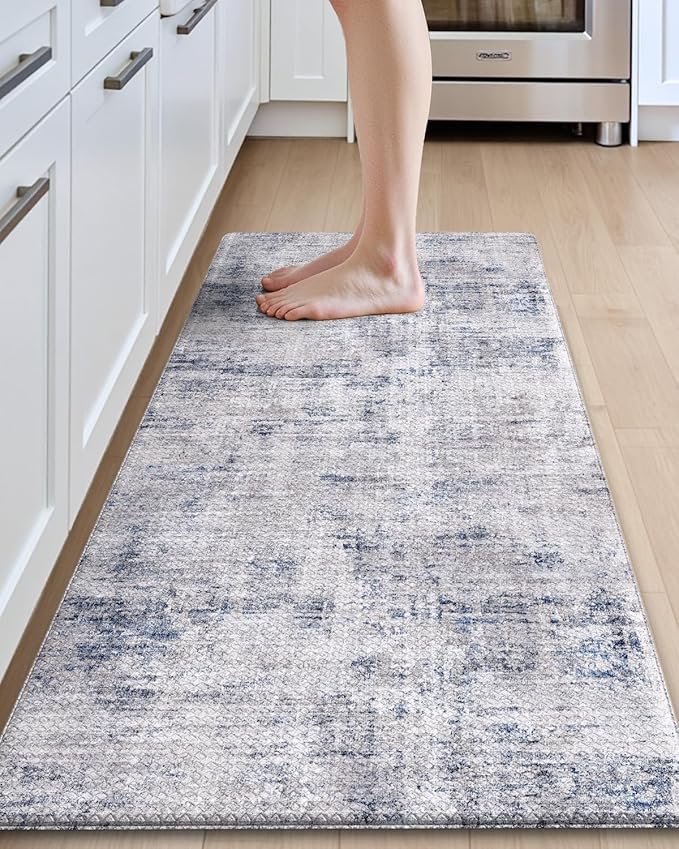 DEXI Kitchen Floor Mats Cushioned Anti Fatigue, 23x59 Long Wide Standing Comfort Runner Rug, Waterproof Retro Floral Memory Foam Padded for Front Sink Laundry, Blue