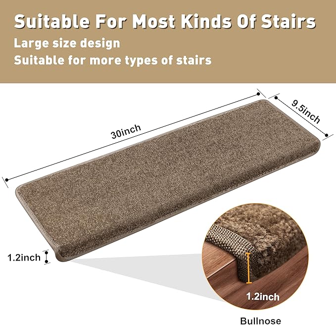 PURE ERA Bullnose Carpet Stair Treads Set Tape Free Non-Slip Indoor Stair Protectors Pet Friendly Rugs Covers Soft Skid Resistant Washable Reusable 9.5" x 30"(2 Pieces, Camel Brown)