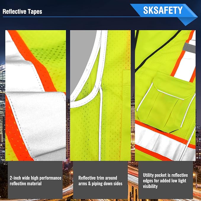 SKSAFETY 10 Pockets Professional Safety Vest, Class 2 High Visibility, ANSI/ISEA Standard, Construction Work Vest (Lime, 3XL)