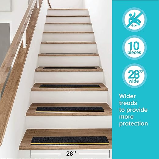 LifeGrip Anti Slip Traction Treads with Reflective Stripe (10-Pack), 4" X 28", Best Grip Tape Grit Non Slip, Outdoor Non Skid Tape, High Traction Friction Abrasive Adhesive for Stairs Step, Black