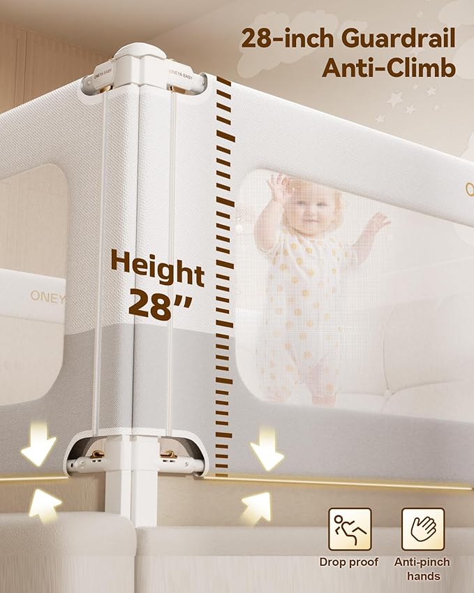 3 Piece Bed Rails for Queen Bed, No-Drill Needed Baby Bed Rail Guard for Toddlers with Height Adjustable, Thickened Child Safety Side Railing Guards/Bedrail for Kids, White/Grey, 60x78.7x78.7in
