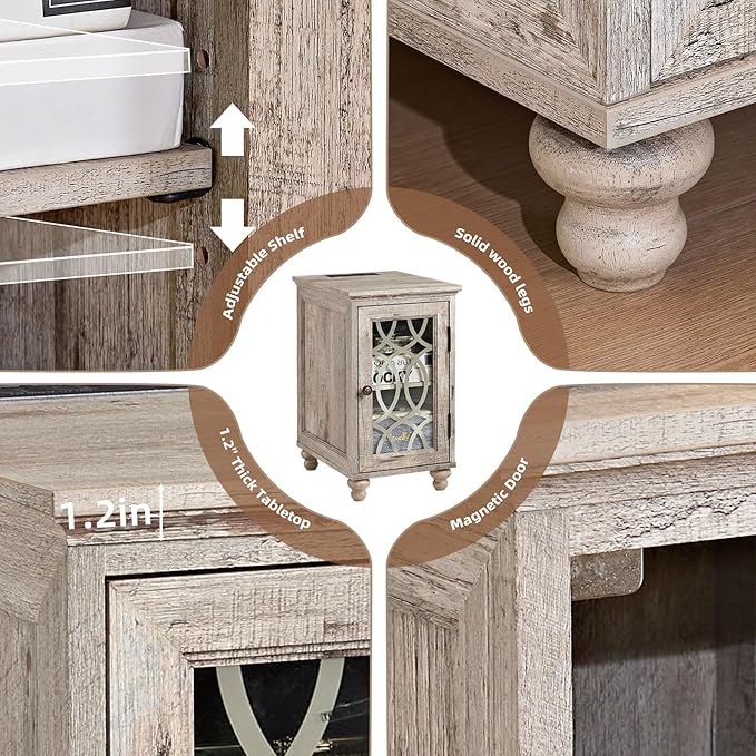 Narrow Side Table with Charging Station Set of 2, Night Stand with Glass Door,Bedside End Tables with Adjustable Shelf Storage Cabinet,Wood Nightstand for Small Spaces Living Room Bedroom