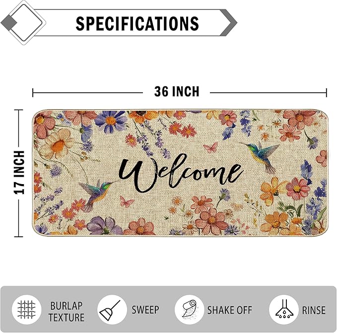 Wildflower Welcome Doormat 17"x36", Flower Spring Door Mat Indoor Entrance, Indoor Front Door mat, Non Slip Outdoor Entrance Mats, Low Profile Design Patio Porch Entryway Mats