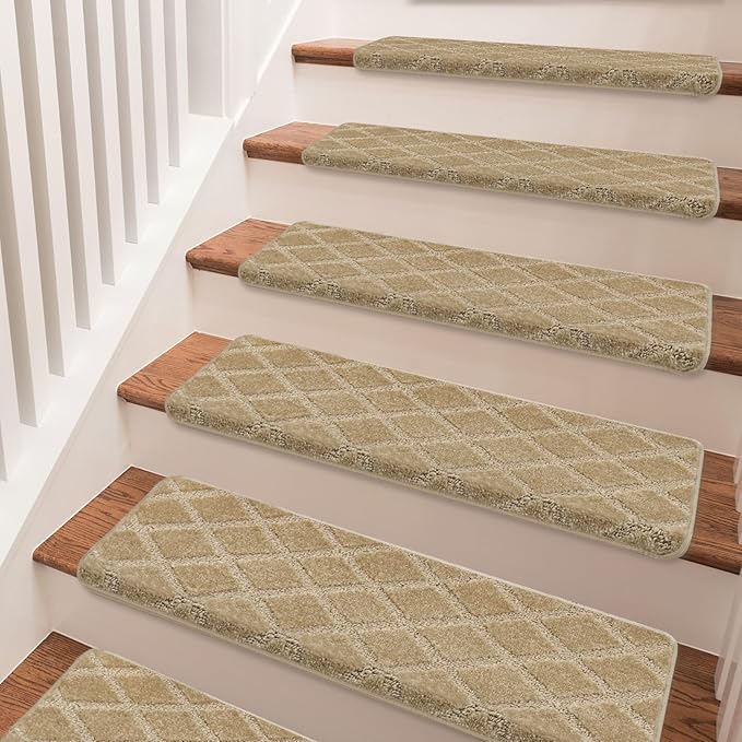 PURE ERA Bullnose Carpet Stair Treads Set Tape Free Non-Slip Indoor Stair Protectors Pet Friendly Rugs 9.5" x 30"(2 Pieces,Khaki Diamond Trellis)