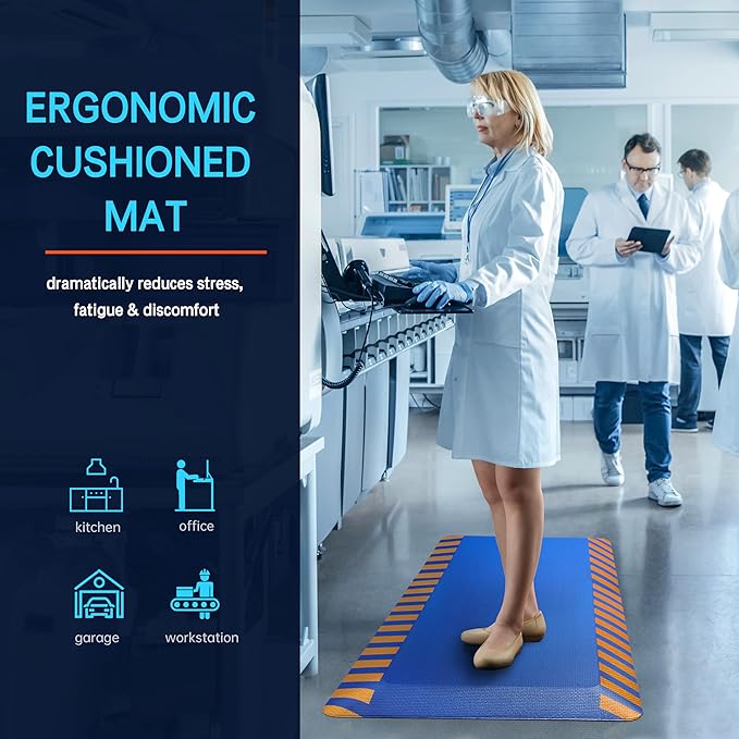 FEATOL Anti Fatigue Mat Industrial, Ergonomic Standing Floor Mat for Work for Stand -Safety Support for Leg & Back Pain(Blue with Yellow Border, 24" x 70", 1PC)