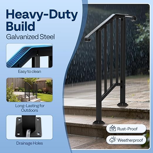 VIVOHOME 2-Pack 2 Step Galvanized Steel Hand Rails for Outdoor Steps – Curved Ends and Safety Balusters Exterior Railing for Porch, Deck, or Indoor Stairs, Complete Installation Kit