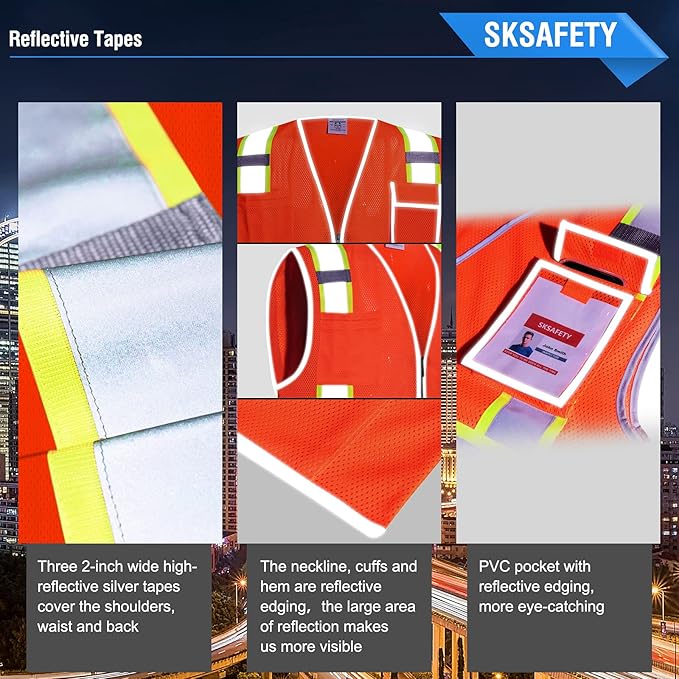 SKSAFETY 10 Pockets Safety Vest, Class 2 High Visibility Security with Zipper Double-sided mesh, Hi Vis Vest with Reflective Strips, ANSI/ISEA Standard, Construction Work Vest （Orange, 3XL）