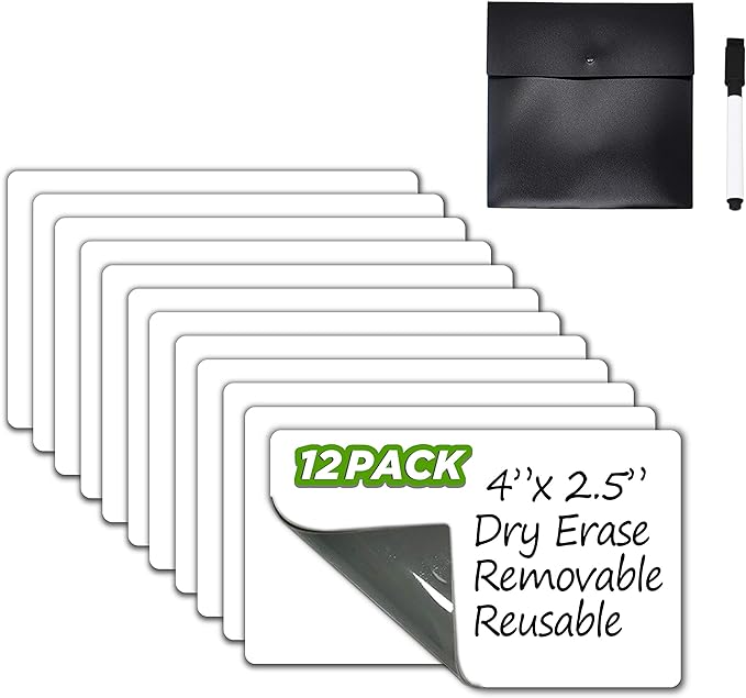 Dry Erase Sticky Notes. Reusable Whiteboard Stickers 4"x2.5" 12 Pack. Suitable for All Smooth Surface. Great for Labels, Lists, Reminders and Decals. Washable, Removable