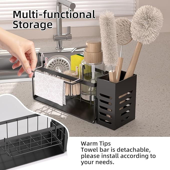 NET MEYA Kitchen Caddy Sink Organizer,Sponge Holder with Dish Brush Holder,Sponge Caddy Soap Dispenser Storage,304 Stainless Steel Kitchen Sink Accessories