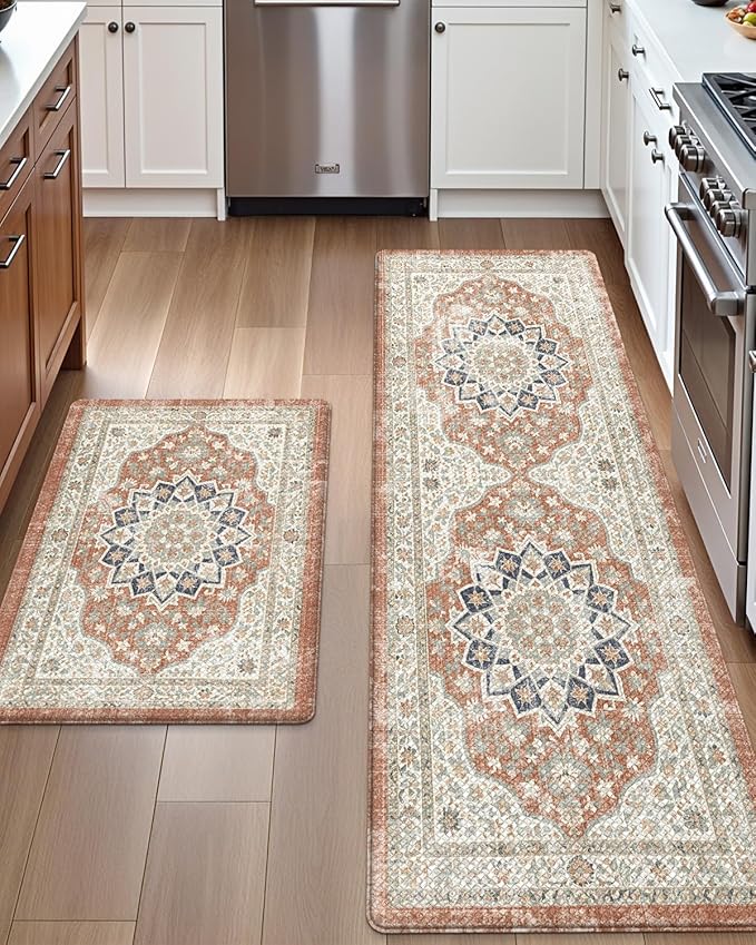 DEXI Kitchen Floor Mats Anti Fatigue, 17x29+17x59 Large Cushioned Runner Rug Waterproof, Standing Comfort Memory Foam Padded for Front Sink Laundry Office Set of 2, Orange and White