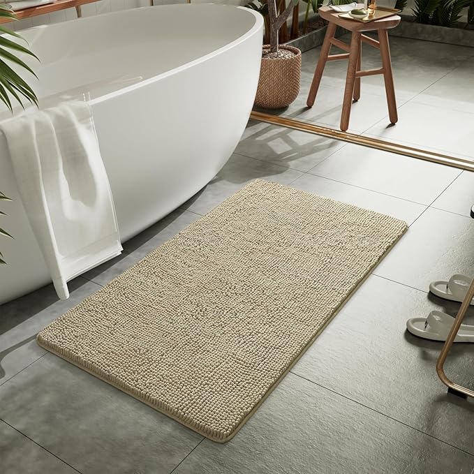 LOCHAS Luxury Bathroom Rug Shaggy Bath Mat 24 x 44 Inch, Washable Non Slip Bath Rugs for Bathroom Shower, Soft Plush Chenille Absorbent Carpets Mats, Beige