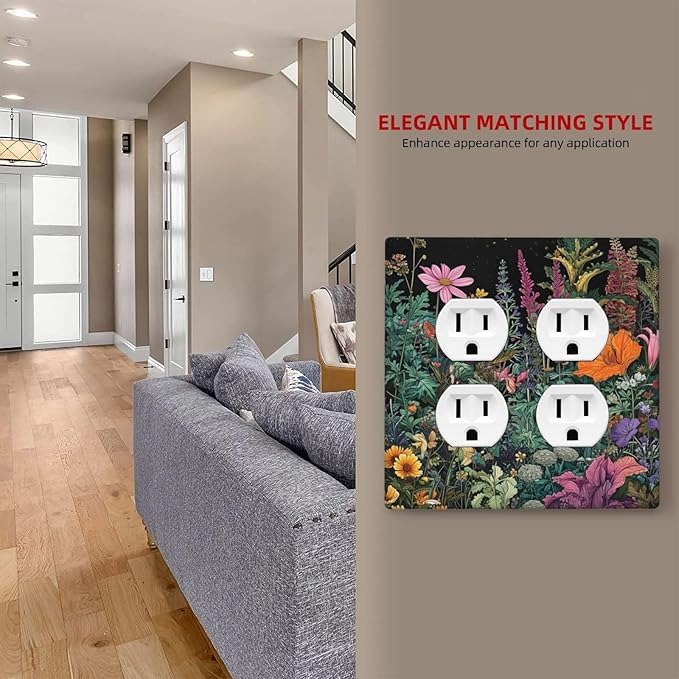 Decorative Switch Plate Covers Colorful Floral Dark Sky Wildflower Plants 2 Gang Outlet Covers Double Duplex Light Switch Cover Plate Gfci Wall Plate for Bathroom Decor