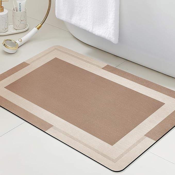 ACCUMTEK Ultra Thin Bath Mat, Upgrade Backing Non Slip Thin Bath Mats Fit Under Door, Quick Dry Ultra Absorbent Bathroom Rugs, Machine Washable Bath Rugs for Bathroom, Bathtub, Taupe/Bordered/36 x24