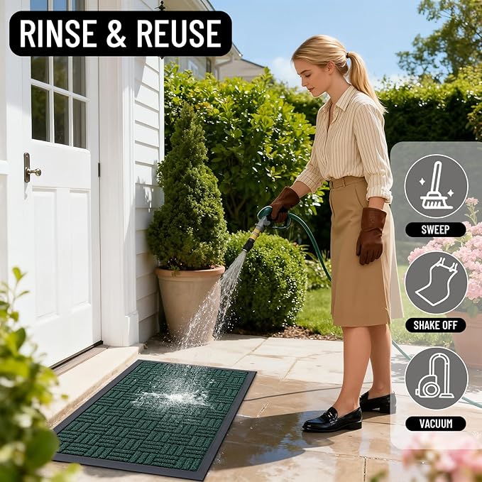 OLANLY Front Door Mat Outside Entrance 59x34, Absorbent, Heavy Duty Sturdy Natural Rubber Doormat Indoor Outdoor, Non-Slip, Stain and Fade Resistant, Low Profile Floor Mat for Entryway, Black Green