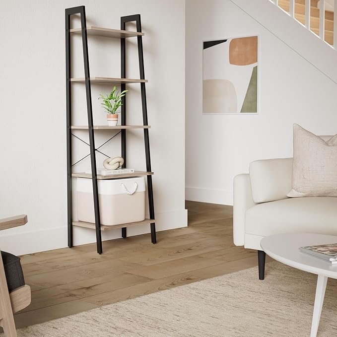 VASAGLE Ladder Shelf, 5-Tier Bookshelf, Storage Rack, Bookcase with Steel Frame, for Living Room, Home Office, Kitchen, Bedroom, Industrial Style, Camel Brown and Ink Black ULLS045B50
