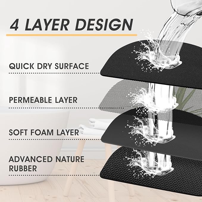 Ultra Thin Bath Mat, Upgrade Backing Non Slip Thin Bath Mats Fit Under Door, Quick Dry Ultra Absorbent Bathroom Rugs, Machine Washable Bath Rugs for Bathroom, Bathtub & Kitchen, Black/Solid/3 Piece