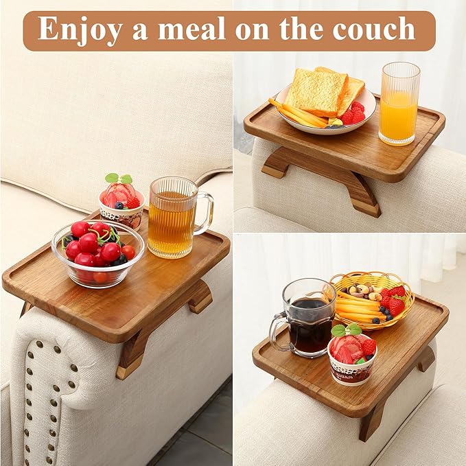 SINWANT Couch Arm Table,Acacia Wood Sofa Arm Rest Tray for Couch,13.78" Foldable Couch Armrest Tray Tables for Home Apartment Small Spaces