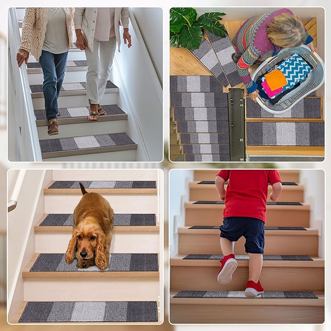 OLANLY Stair Treads Non Slip 15PCS, 8" x 30" Indoor Stair Runners for Wooden Steps, Edging Stair Rugs with Reusable Peel and Stick Adhesive for Kids Elders and Pets, Grey