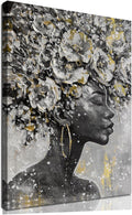MLART99 Large Gold Flowers Painting for Office African American Black Woman Portraits for Bedroom 32"x 48" Posters for Room Aesthetic Grey Wall Hanging Decor for Living Room