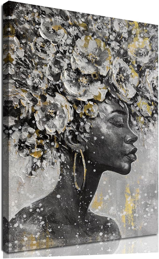 MLART99 African American Posters Black Woman Wall Art Gold and White Floral Canvas Artwork for Living Room Modern Photo Prints for Home 24x36 Inch Bedroom Pictures Wall Decor