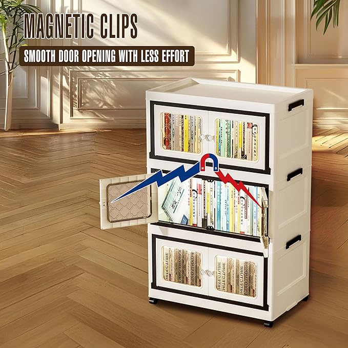 SunSettler Stackable Storage Bins with Lids, Folding Storage Cabinets with Doors and Wheels, Collapsible Plastic Storage Bins for Closets, Stackable Storage Organizer(Transparent, 3-Tier)