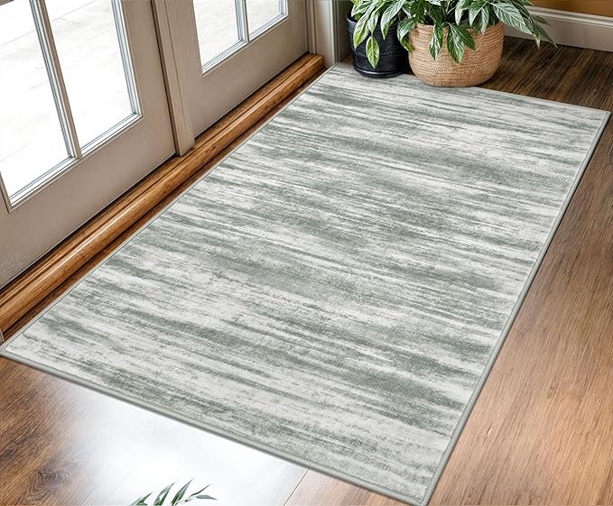 KOZYFLY Modern Abstract 3x5 Area Rug Washable Bedroom Rug Grey Green, Large Throw Entry Mat Non-Slip Stain Resistant Carpet Dining Room Rug with Soft Low Pile for Living Room Kitchen Bath Office