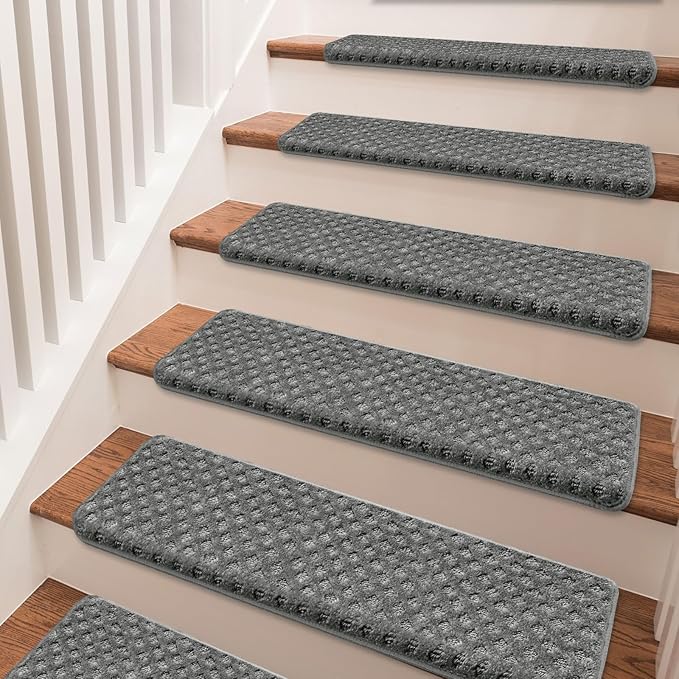 PURE ERA Bullnose Carpet Stair Treads Set Tape Free Non-Slip Indoor Stair Protectors Pet Friendly Rugs9.5" x 30"(2 Pieces,Grey Mini-Diamond Trellis)