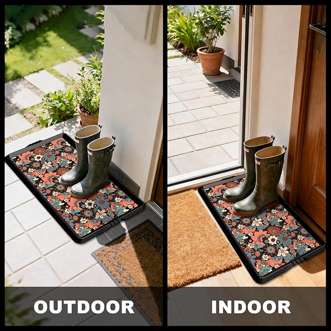 BEHERO Boot Tray Shoe Mat Decorative Patterned, Rubber Shoe Matt Tray Indoor/Outdoor Use, 16" x47.5" Shoe Cleaning Mat Non-Slip, Shoe Storage Waterproof Flower Prints for Entryway, Sunlit Blossom