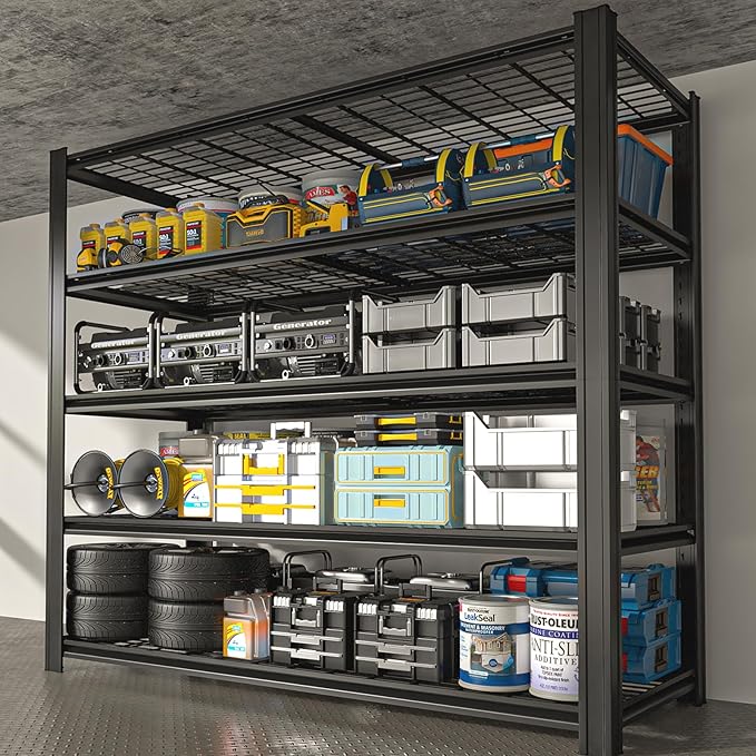 55.12" W Father&I 5-Shelf- Storage Rack Industrial Metal Adjustable Garage/Kitchen Shelves Heavy-Dudy Shelving Units Steel Organizer System for Basement/Shed, 84" H*55.12" W*24" D*, Black