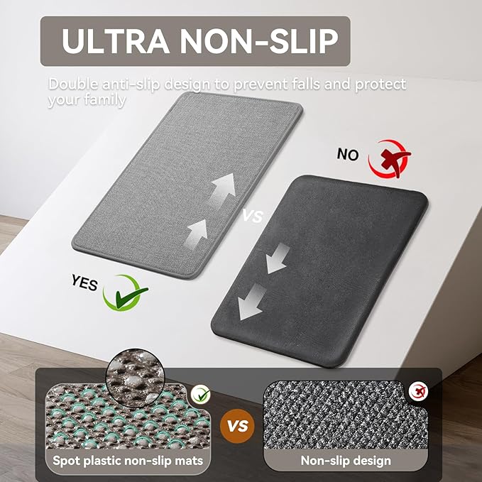 Long Kitchen Runner Rugs Non Slip Washable, Linen-Like 0.3" Thick Cushioned Absorbent Kitchen Mats for Floor, Mild Anti-Fatigue Sink Floor Mat Laundry Standing Mat, Easy Clean, Gray 17"x71"