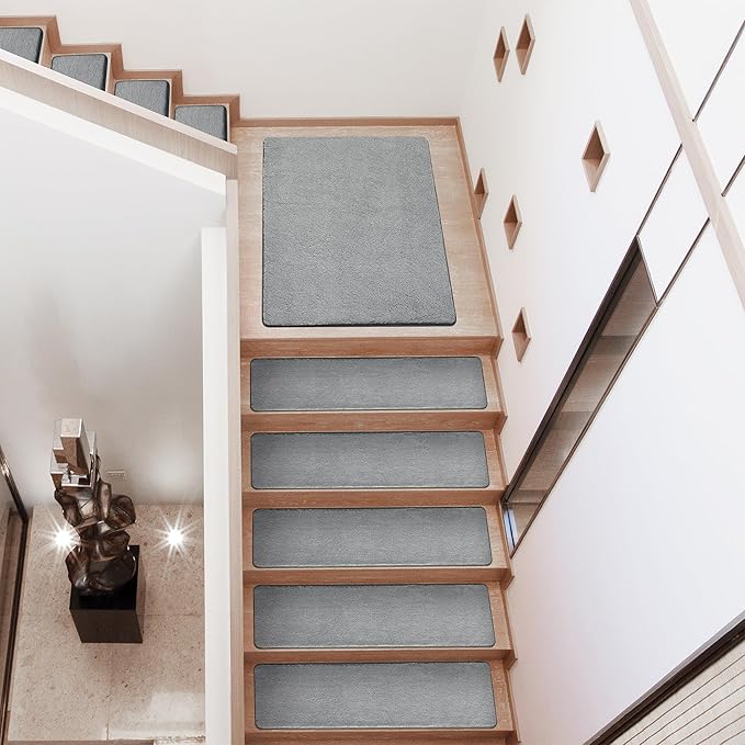 PURE ERA Carpet Stair Treads Ultra Plush 8" X 30" Soft Indoor Stair Protectors Pet-Friendly Non-Slip Skid Resistant Tape Free Washable Reusable(14 Pieces, Gray)