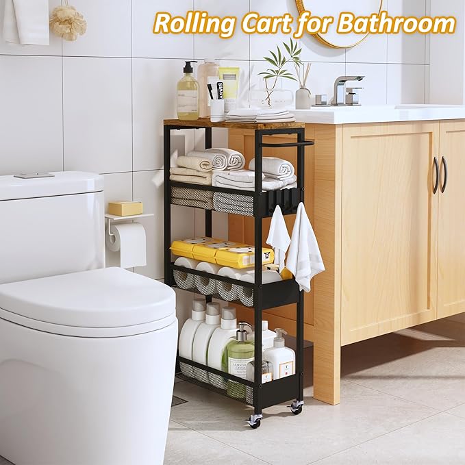 Slim Rolling Storage Cart, 4 Tier Metal Narrow Utility Cart with Handle and Wood Top, Multifunctional Small Mobile Shelf Unit Organizer Trolley for Laundry, Bathroom, Kitchen