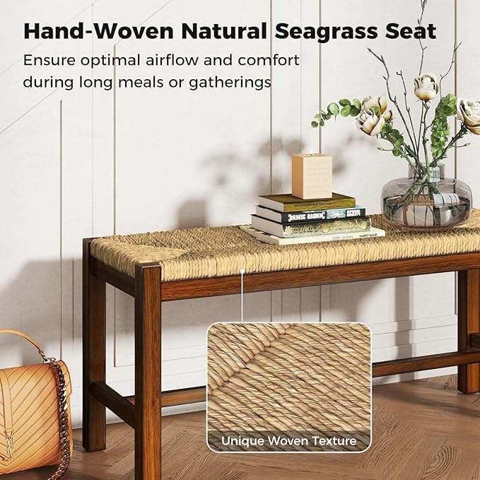 GOFLAME 40” Dining Bench, Farmhouse Boho Entryway Bench with Woven Seagrass Seat, End of Bed Bench with Rubber Wood Frame, Accent Indoor Bench for Bedroom, Dining Room, Living Room, Hallway