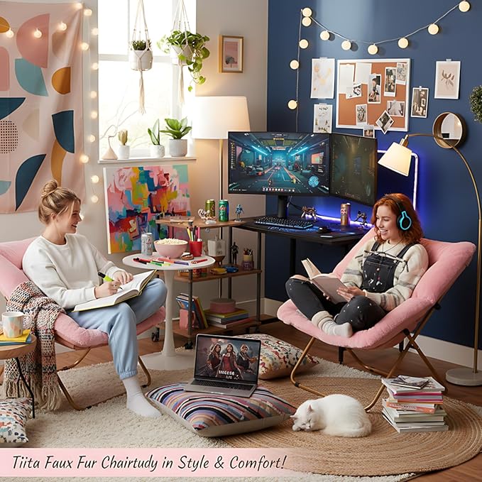 Tiita Comfy Folded Chair, Soft Faux Fur Oversized Folding Accent Chair, Lounge Lazy Chair for Kids Teens Adults, Metal Frame Moon Chair for Bedroom, Living Room, Dorm Rooms, X-Large Pink
