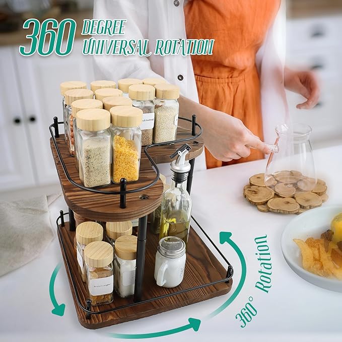 Wooden Spice Rack Organizer Lazy Susans Rotating Countertop 2 Tiered Display Shelf Kitchen Adjustable Height Spinning Spice Rack 11.8INCH Large Capacity Pine Wooden Spice gift set