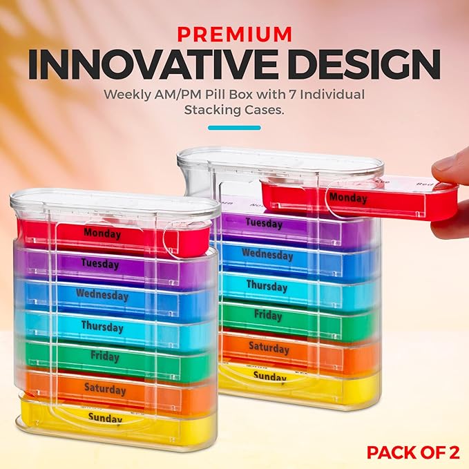 MEDca Weekly Pill Organizer, Four Times-a-Day, Pack of 2 Dispensers with Stackable AM/PM Compartments