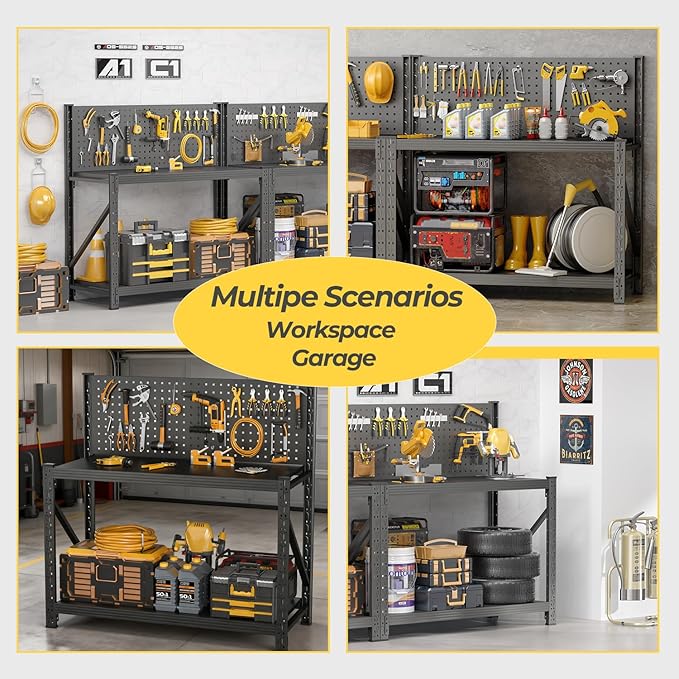 3 Sets Storage Shelves with Pegboard,Heavy Duty Garage Shelving Units and Storage,Metal Shelving Adjustable Shelves,Garage Storage Rack,Industrial Utility Shelf 47.2" H*47.09" W*19" D