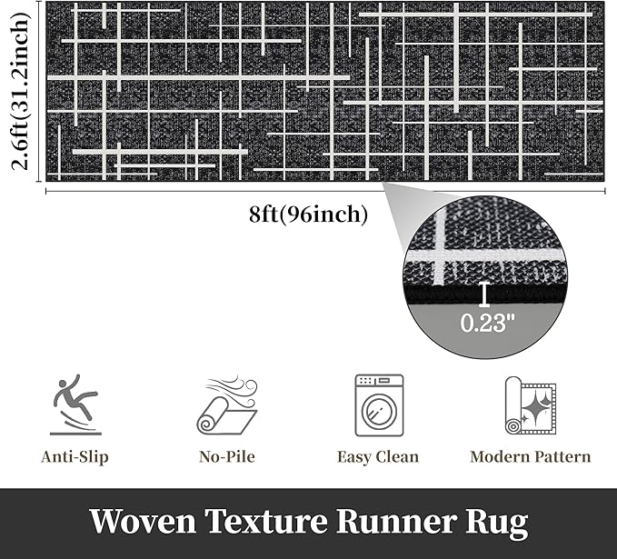 Modern Kitchen Runner Rug Non Slip 2.6x8, Washable Distressed Stripe, Hallway Runner, Woven Thin Low Pile Carpet Runners for Hallway 8ft Entryway, Kitchen, Walkway- Midnight Black
