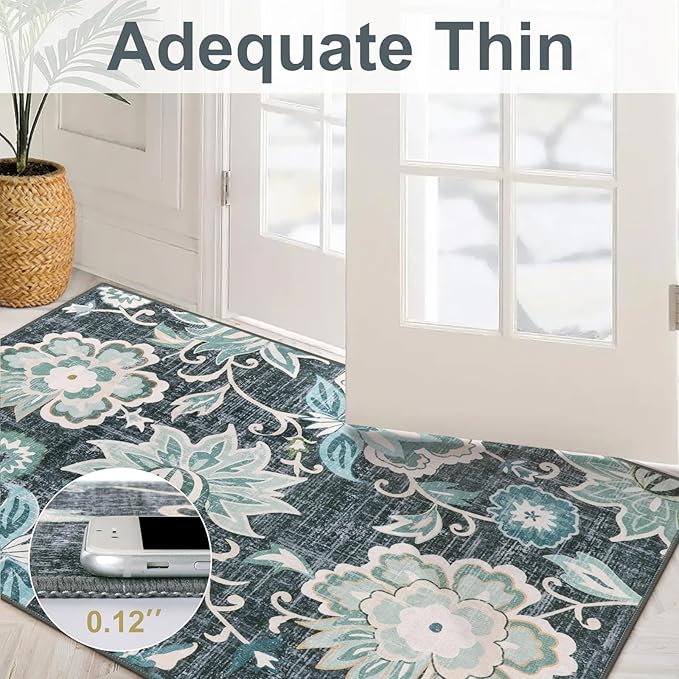 Beeiva Floral 3x5 Machine Washable Area Rugs, Vintage Rug for Entryway with Rubber Backing Paisley Blue, Ultra Thin Bathroom Carpet for Living Bedroom Kitchen