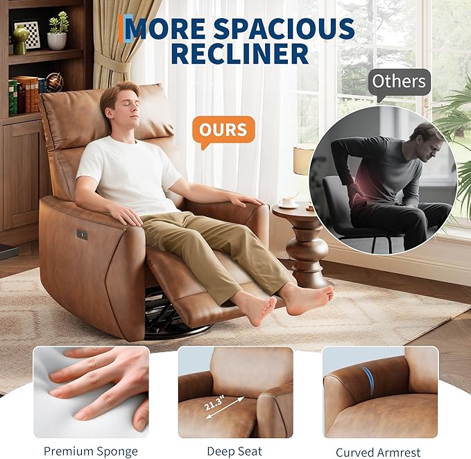Power Recliner Chair, 270° Swivel Glider with USB Charging Port, Large PU Leather Seat, Wide 22.4", Ergonomic High Back for Living Room, Nursery (Power Walnut)