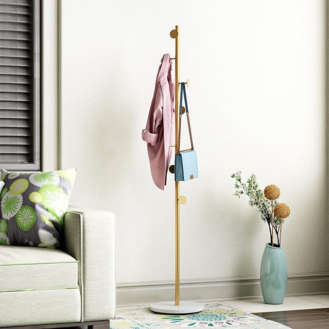 Gold Coat Racks, Metal Coat Rack Freestanding with Hooks, Entryway Coat Rack Stand, Coat Racks with Marble Base, Coat Tree for Hanging Clothes, Hats, Bags