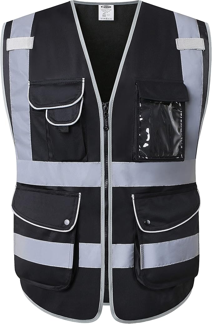 JKSafety 9 Multi-Functional Pockets Zipper Front Safety Vest With Reflective Strips Meet ANSI/ISEA Standards (150-Black, XX-Large)