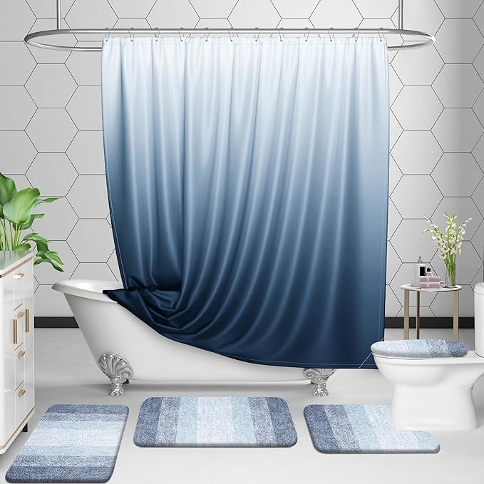 OLANLY Bathroom Rug Set 2 Piece, Soft Absorbent Microfiber Bath Mats and U-Shaped Contour Toilet Rug, Non-Slip, Machine Wash Dry, Plush Shaggy Bath Mats for Bathroom (30"x20"+24"x20", Blue)