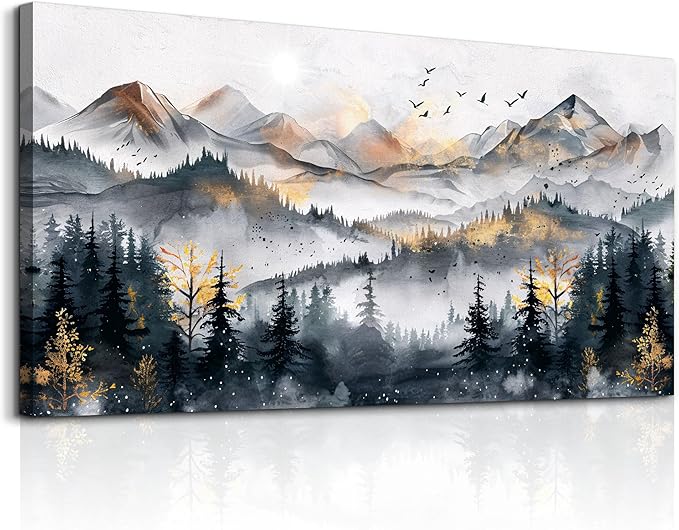 KELIYUAN Abstract Wall Decor Large Wall Art For Living Room Office Decoration Ink Mountain Landscapes Wall Painting Misty Forest Pictures Bedroom Canvas Artwork Ready To Hang Home Decor 24"x48"