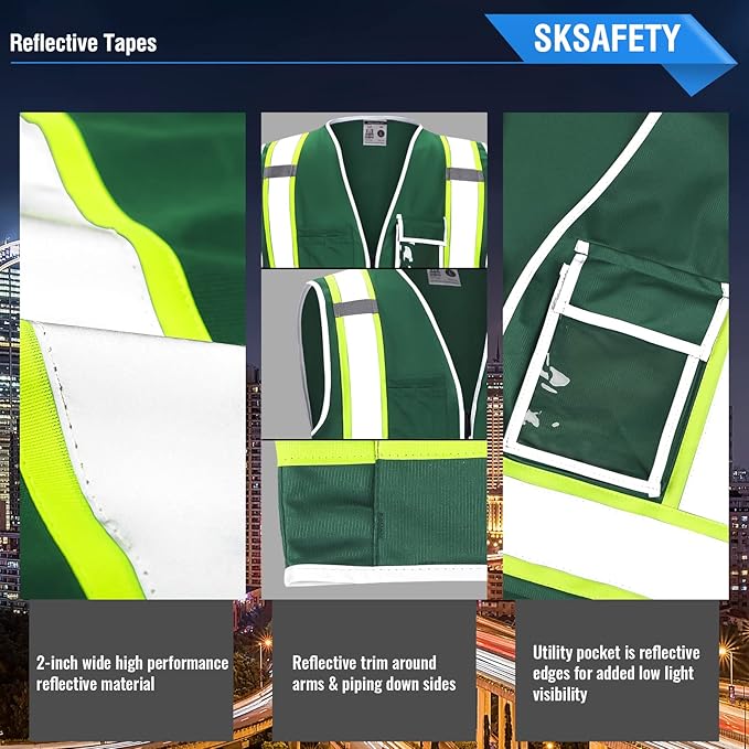 SKSAFETY 10 Pockets Safety Vest, Class 2 High Visibility Security with Zipper, Hi Vis Vest with Reflective Strips, ANSI/ISEA Standard, Construction Work Vest for Men ＆ Women （Green,2XL）