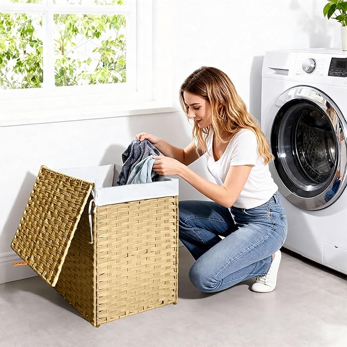 Woven Rattan Laundry Hamper with Lid & Handles,90L Foldable Laundry Basket Includes Machine Washable Removable Liner with 2 Compartments for Storage Basket for Bedroom, Bathroom(Yellow)